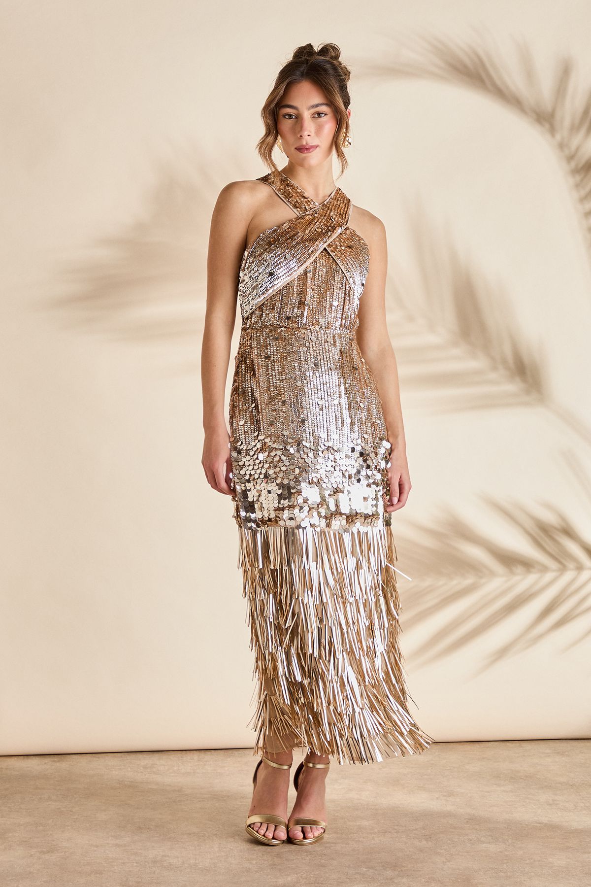 Coast Gold Gold Sequin Tassel Halter Neck Dress PLT