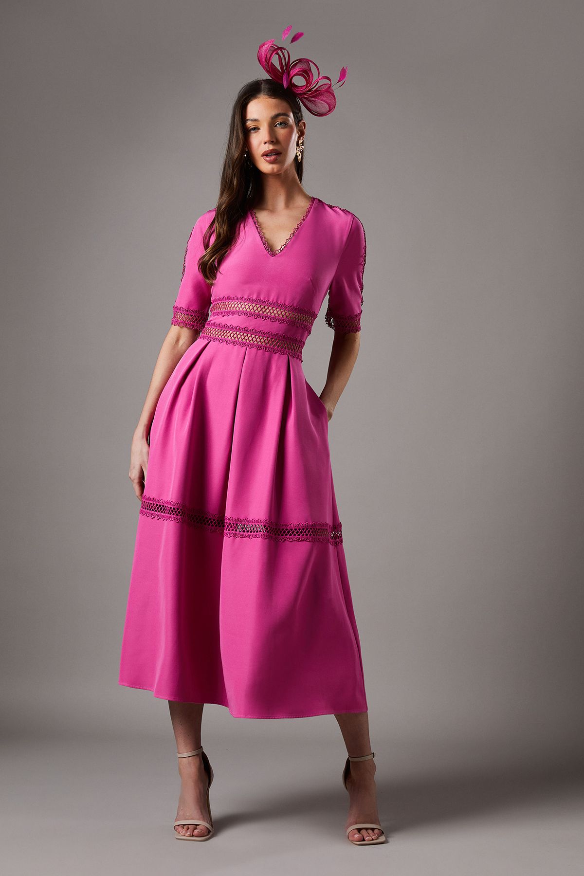 Coast Crochet Insert Crepe V Neck Midi Dress Pink