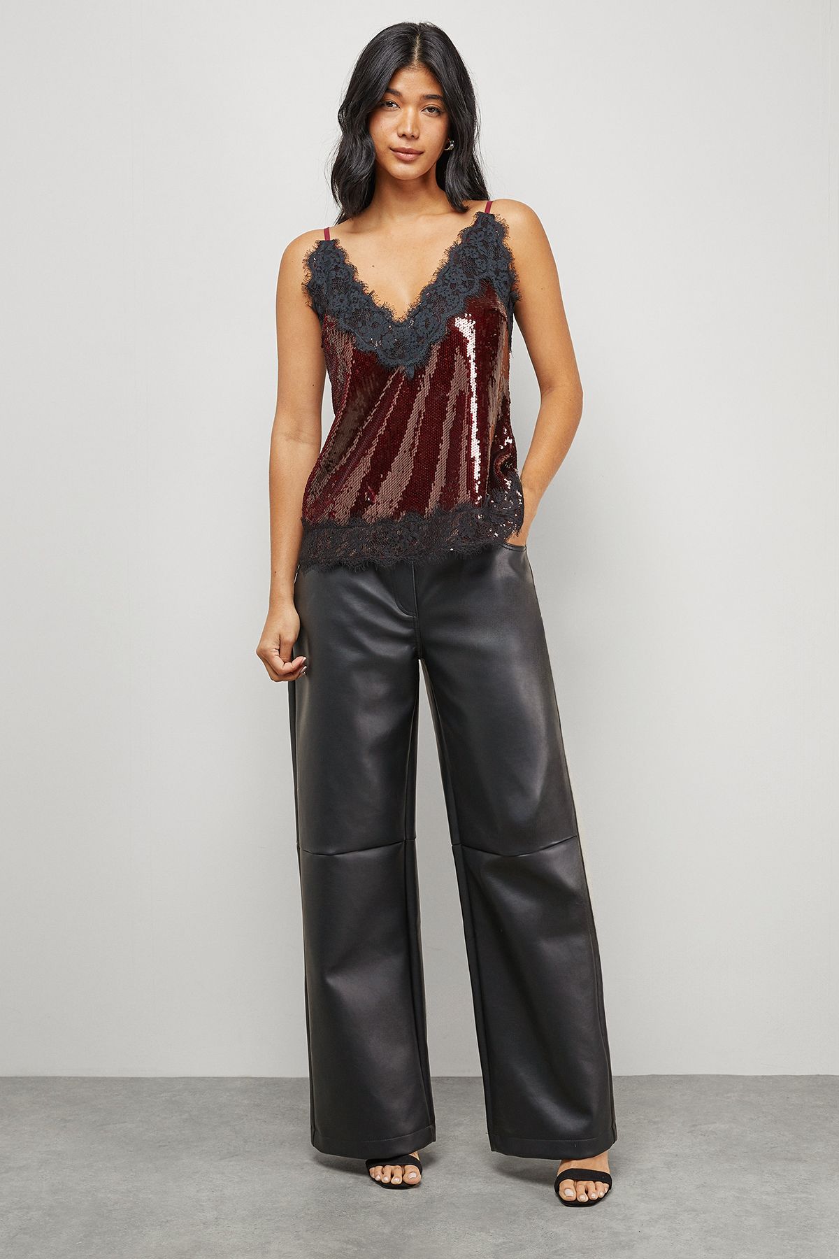 Warehouse Sequin Lace Trim High Apex Cami Top Dark Red image 2