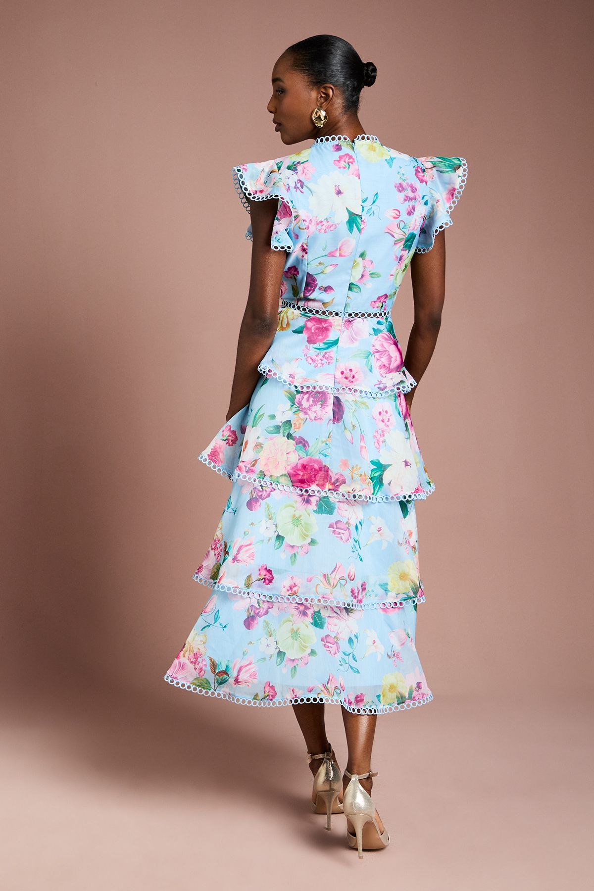 Coast Lace Trim Tiered Organza Midi Dress Pale Blue image 3