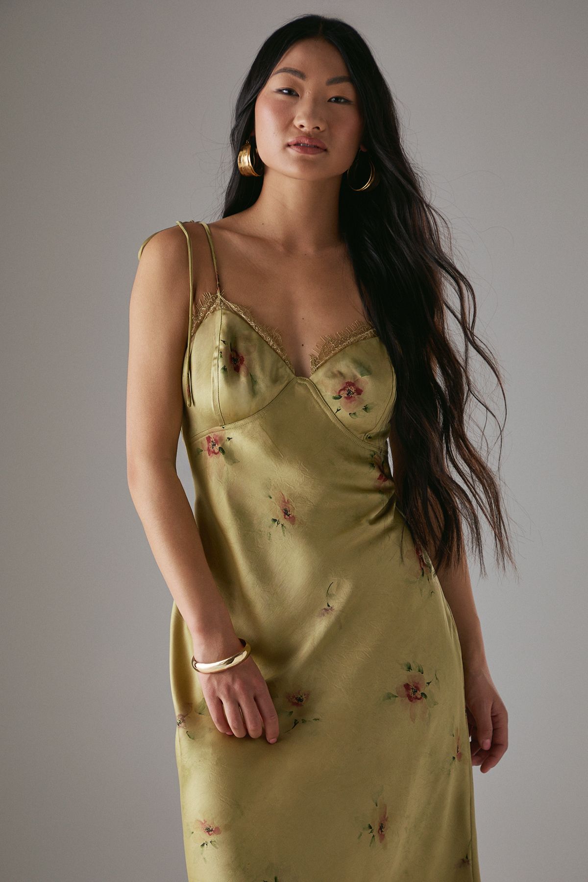 Warehouse Petite Rose Satin Tie Strap Lace Detail Midi Slip Dress Yellow image 4