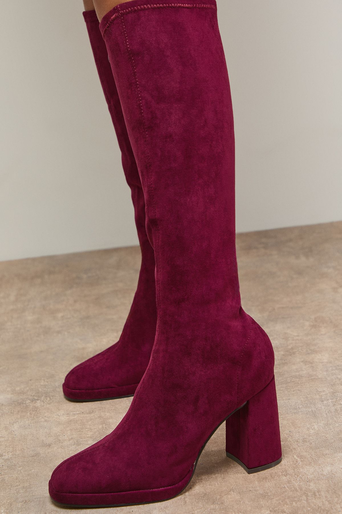 Oasis Florence Faux Suede Platform Block Heel Sock Knee Boots Burgundy image 3