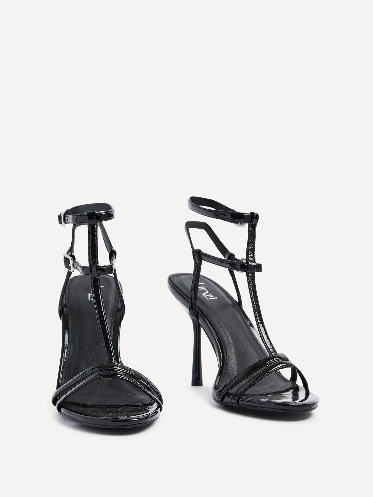Linzi Jada Black Patent T-Bar Strappy Stiletto Heels image 3