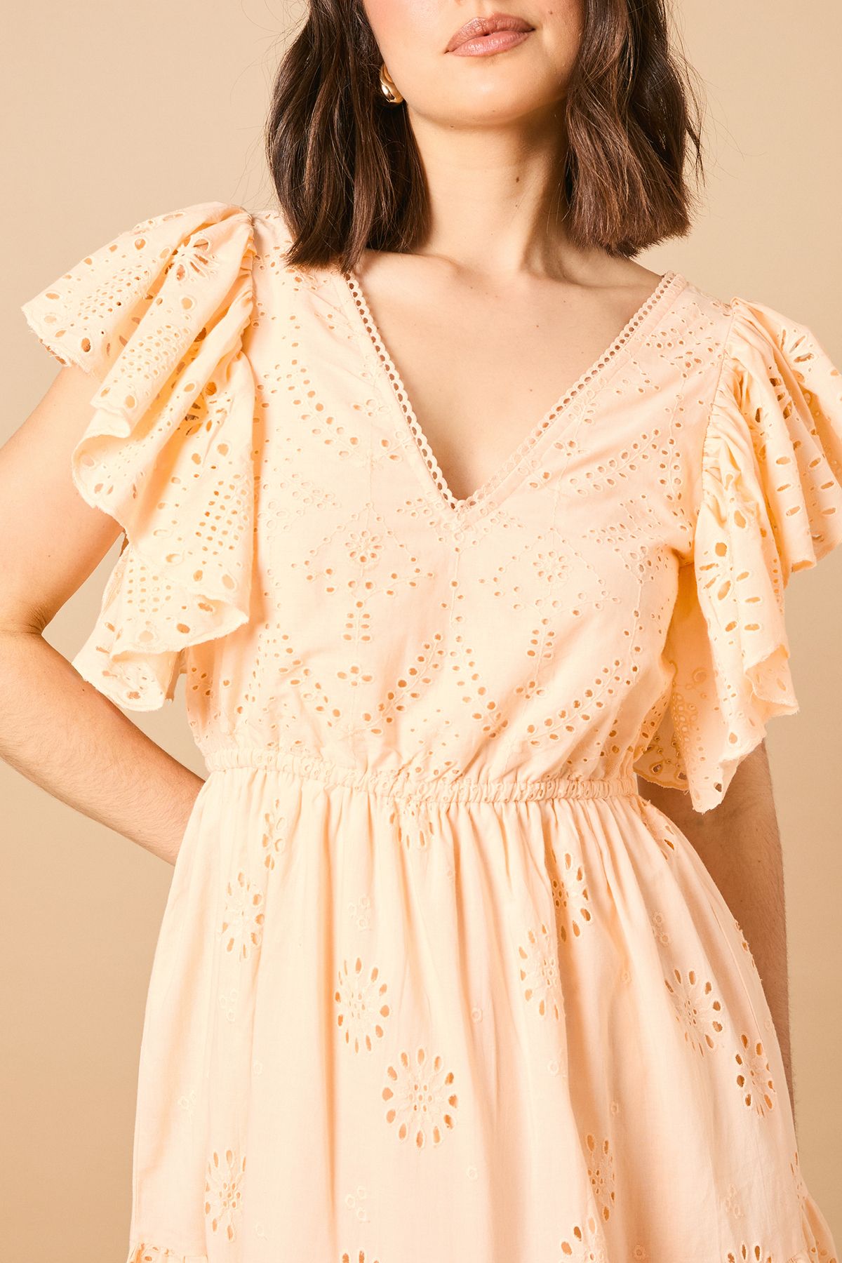 Oasis Broderie V Neck Angel Sleeve Maxi Dress Apricot image 5