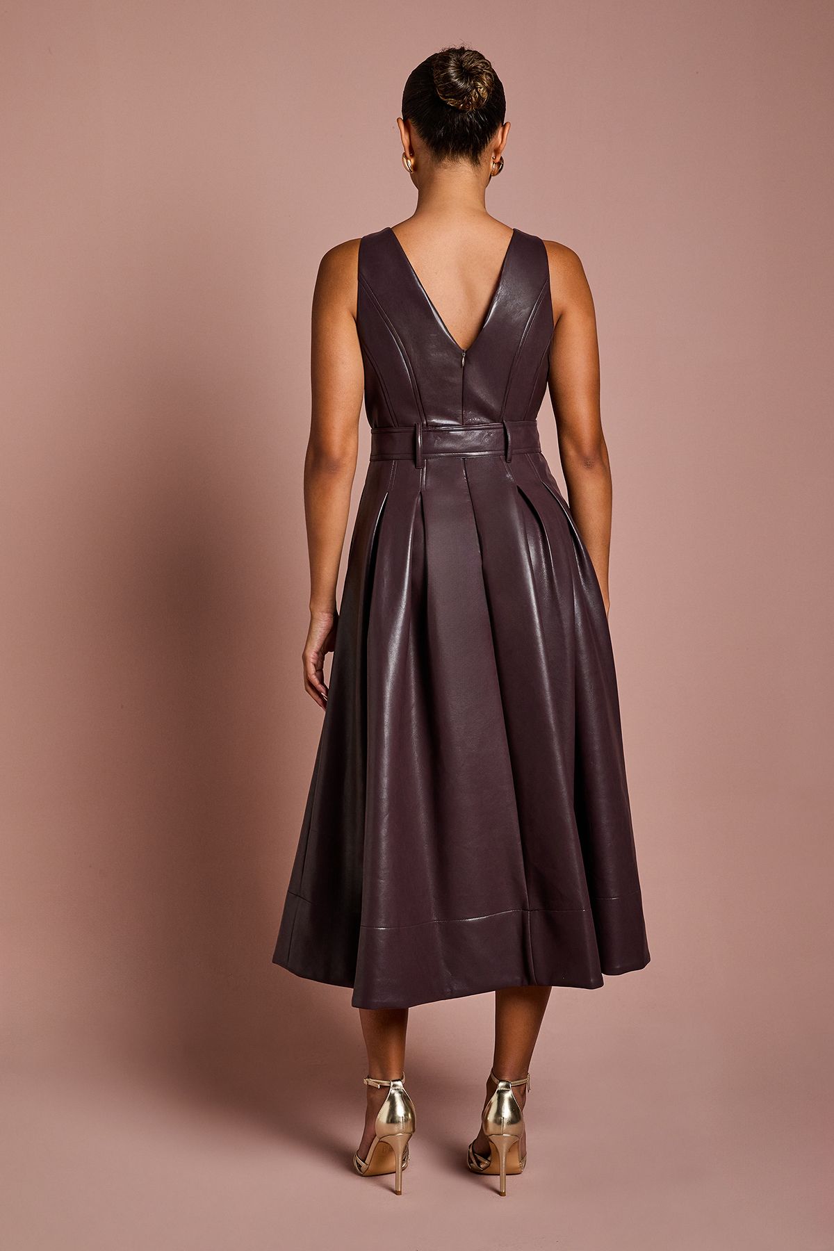 Coast Petite V Neck Sleeveless PU Dress With Belt Oxblood image 3