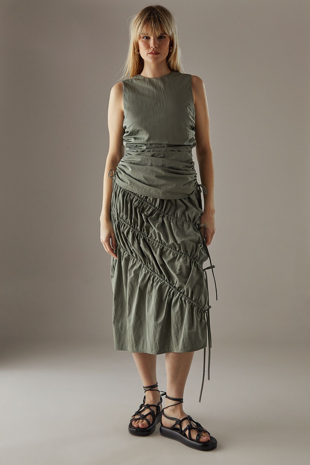 Warehouse Taffeta Fitted Gathered Tie Hem Vest Khaki image 2