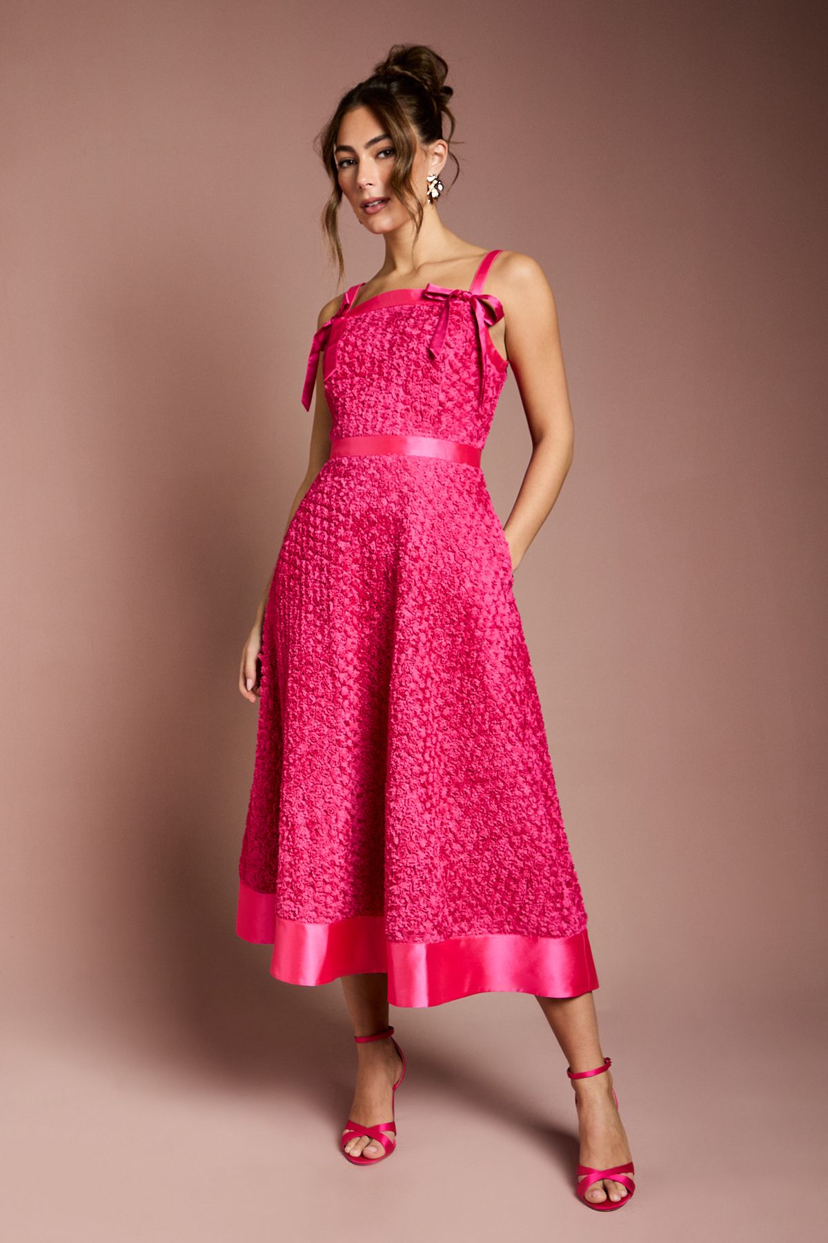 Coast 3D Flower Strappy Midi Dress Pink