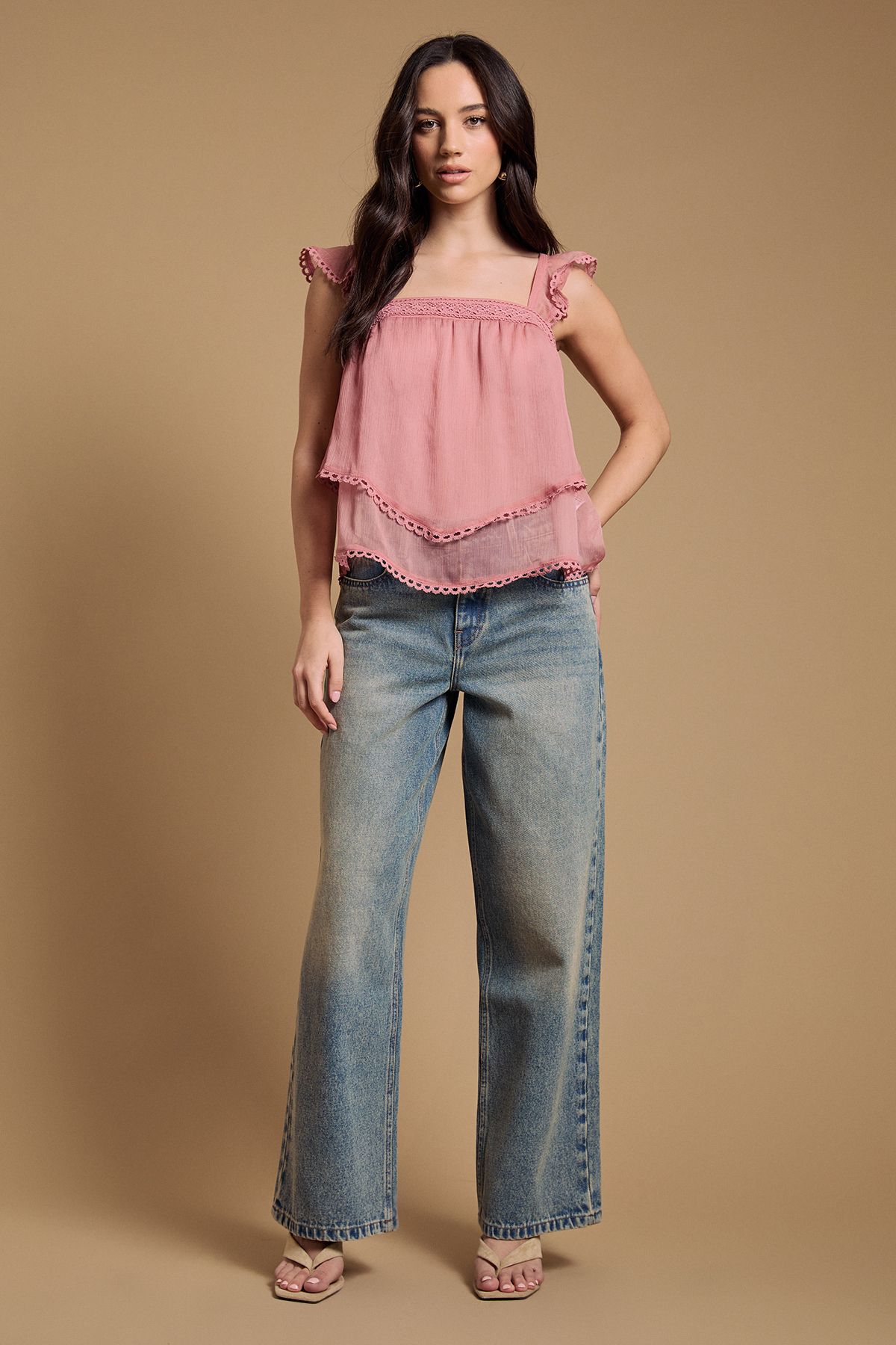 Oasis Tiered Frill Sleeve Western Cami Top Blushed Pink image 4