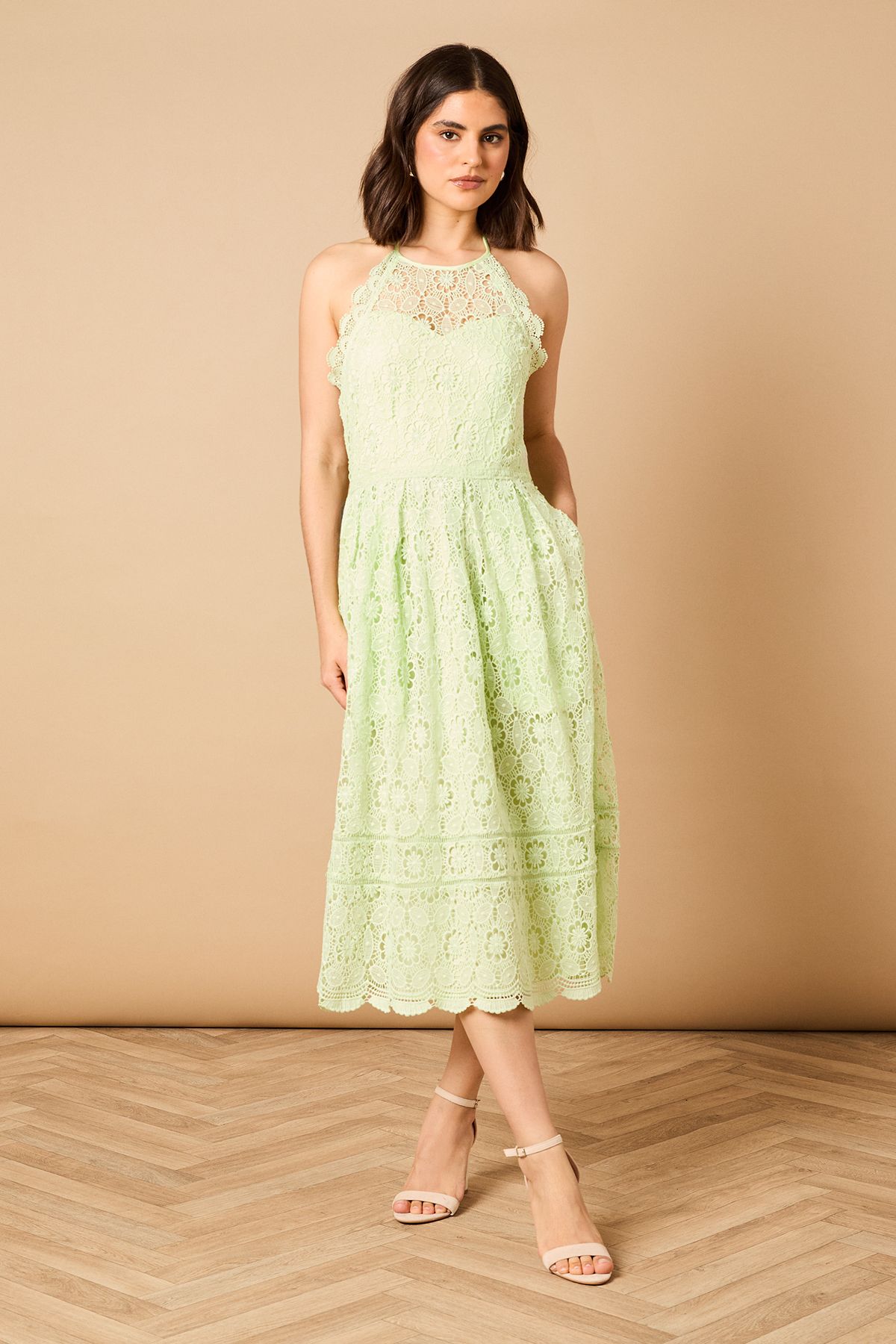 Oasis Lace Detail Halterneck Midi Dress Sage image 1