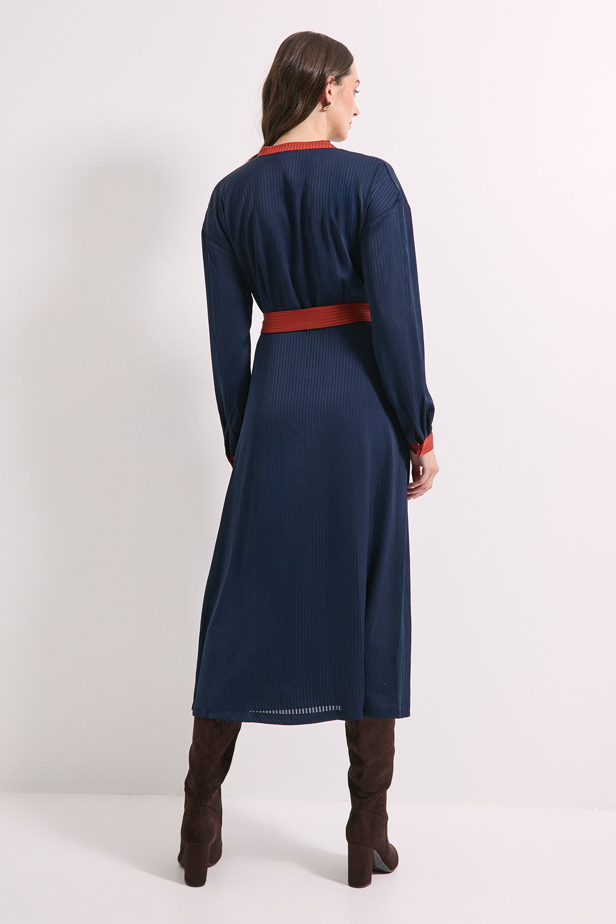 Principles Navy Satin Stripe Contrast Collar Belted Midi Dress Navy image 3