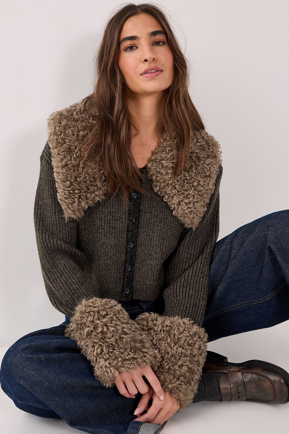 NastyGal Teddy Fur Collared Knitted Cardigan Olive