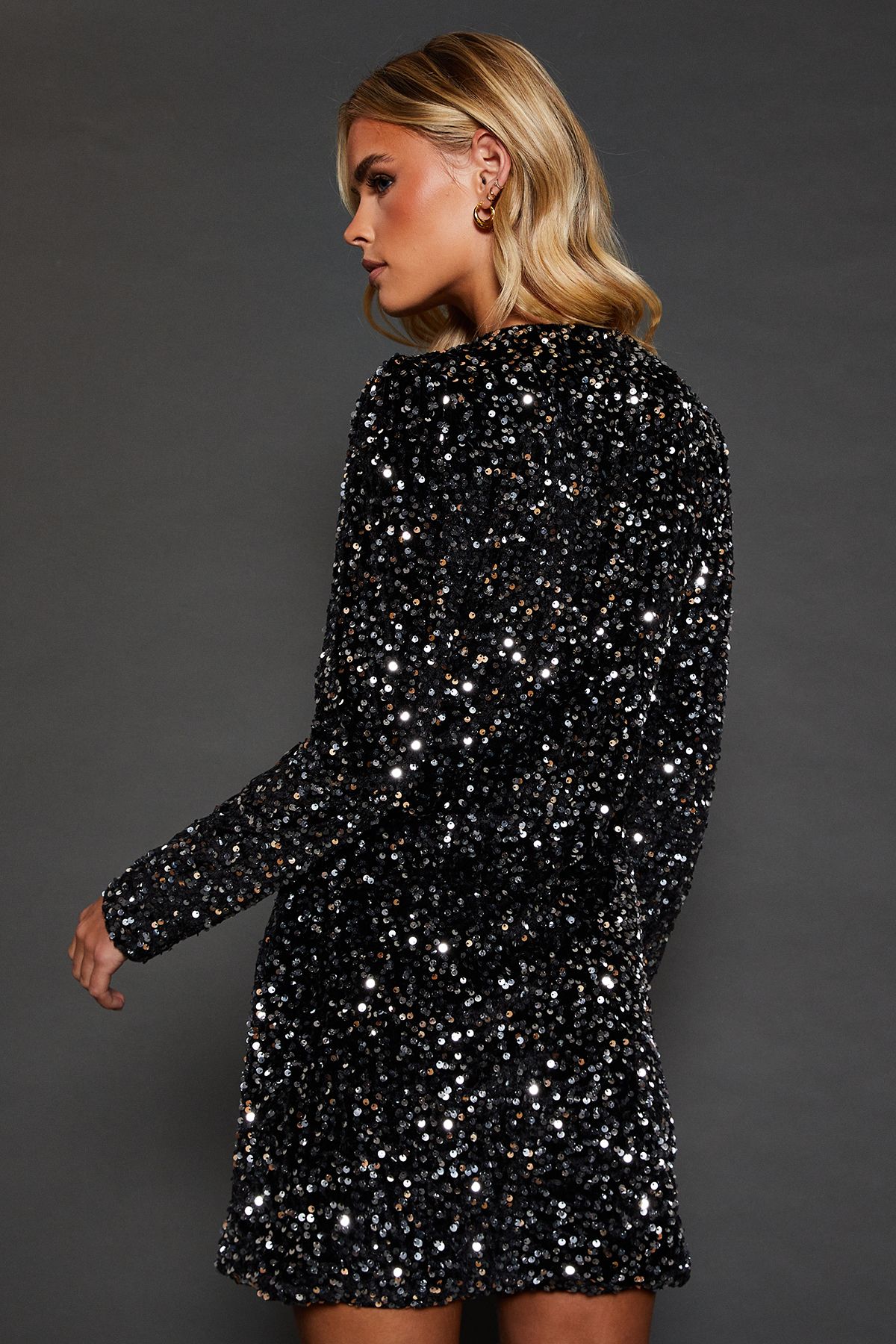 Dorothy Perkins Petite Lace Trim Sequin Mini Dress Silver image 3