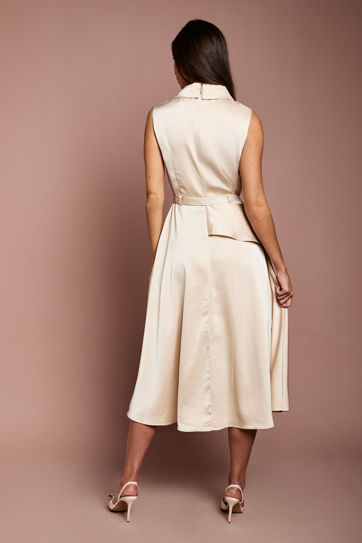 Coast Waterfall Ruffle Belted Satin Midi Dress Champagne image 3