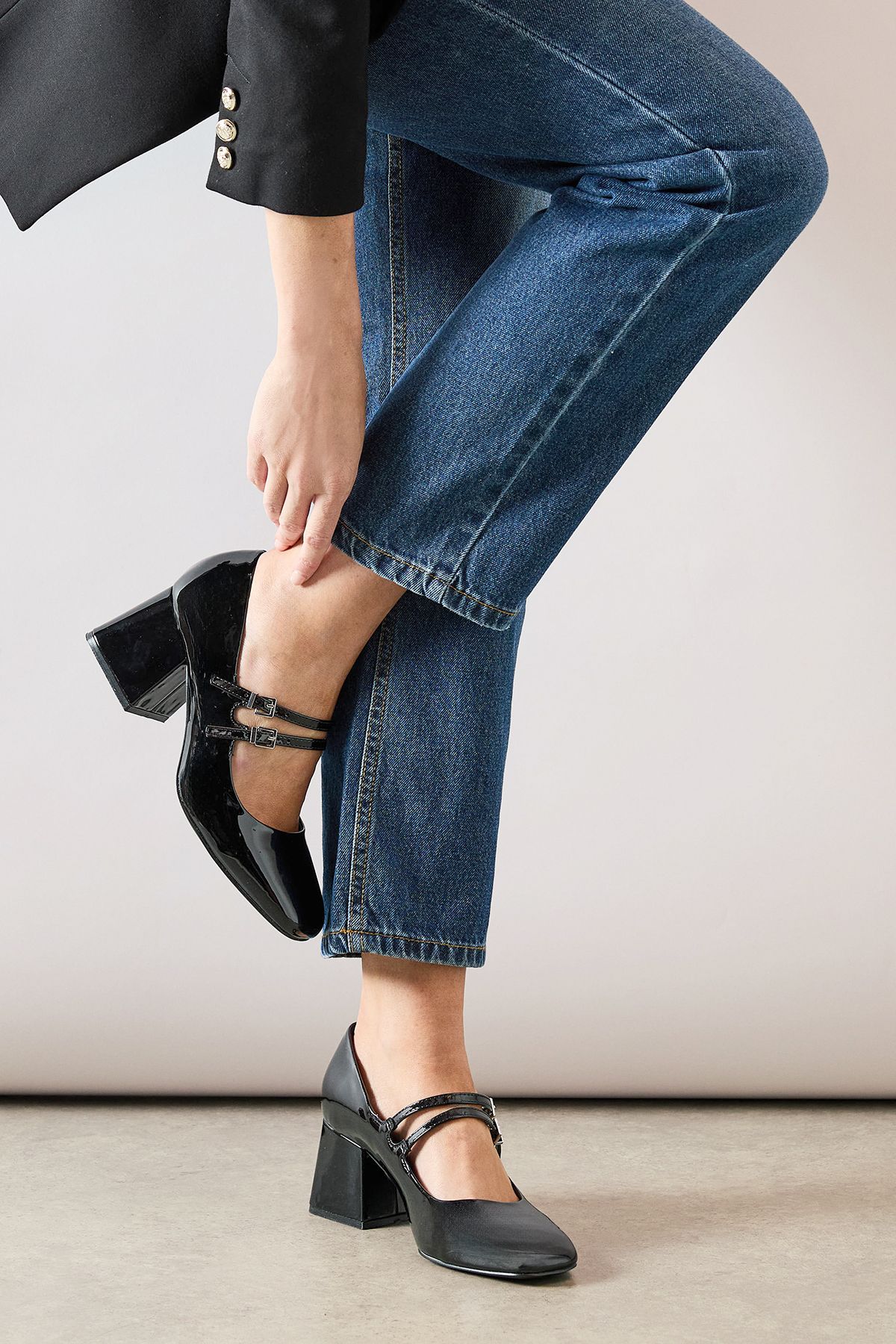 Dorothy Perkins Wide Fit Dawn Faux Patent Leather Double Mary Jane Mid  Block Heel Court Shoes True Black image 1