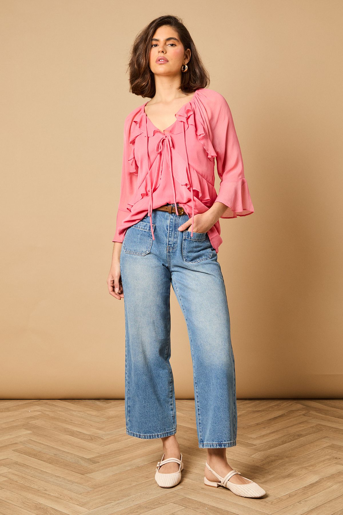 Oasis Boho Ruffle Flute Sleeve Blouse Rose image 1