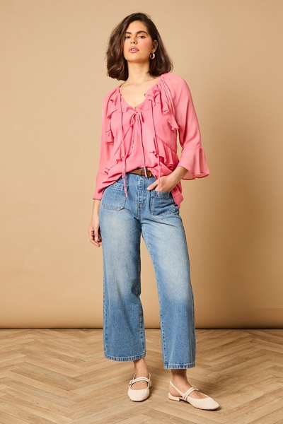 Oasis Boho Ruffle Flute Sleeve Blouse Rose
