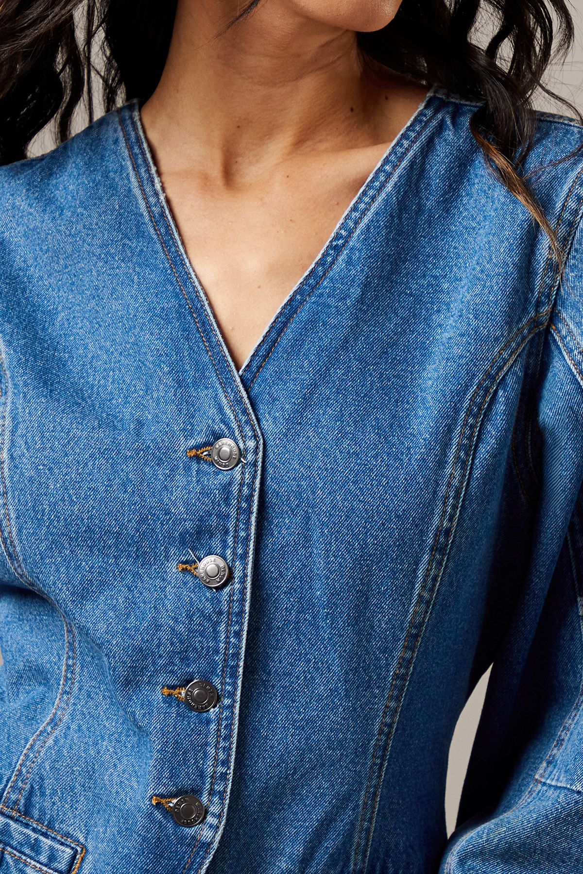 Warehouse Balloon Sleeve Nipped Waist Denim Jacket Mid Wash image 5