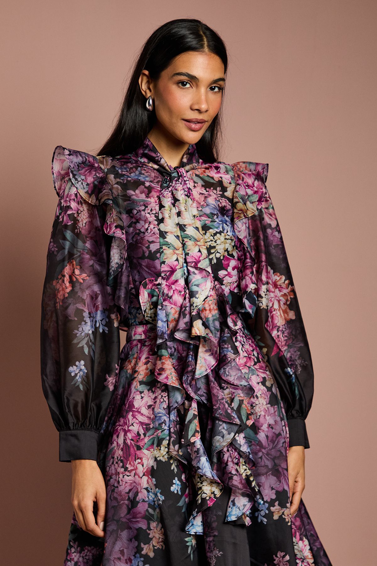 Coast Long Sleeve Frill Trim Organza Blouse With Tie Neck Multi image 2