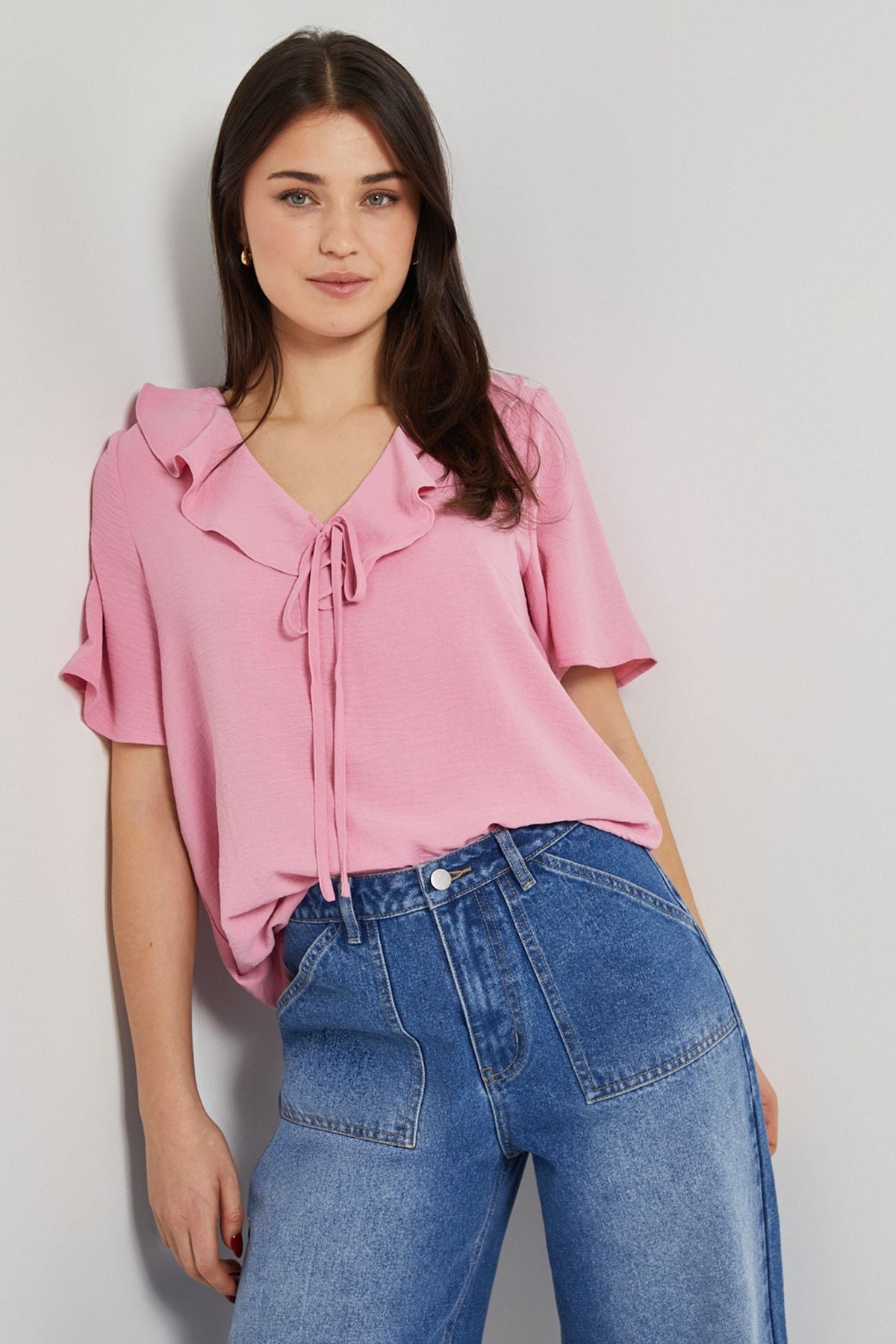 Dorothy Perkins Ruffle Neck Angel Sleeve Top Blush image 4