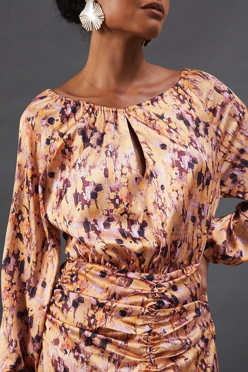 Warehouse Print Satin Ruched Front Midi Dress Orange image 2