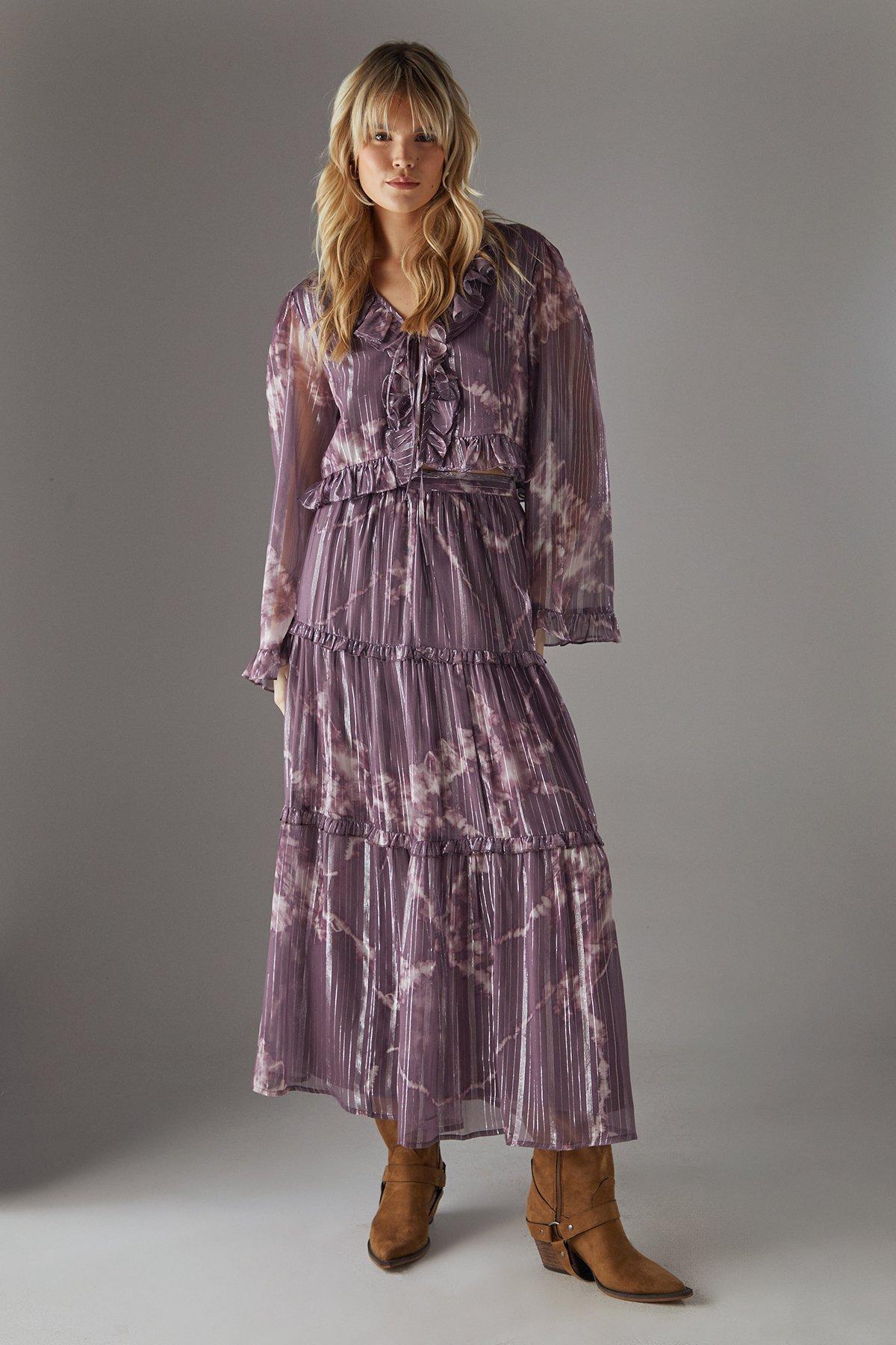 Warehouse Metallic Chiffon Ruffle Tie Front Flared Sleeve Blouse Mauve image 2