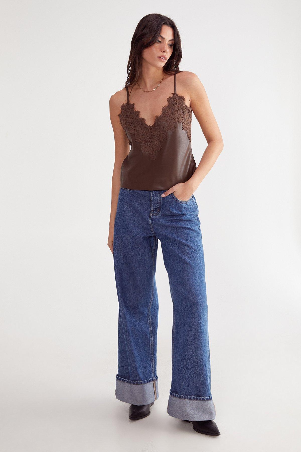 NastyGal Eyelash Lace Trim Detail Faux Leather Cami Top image 2