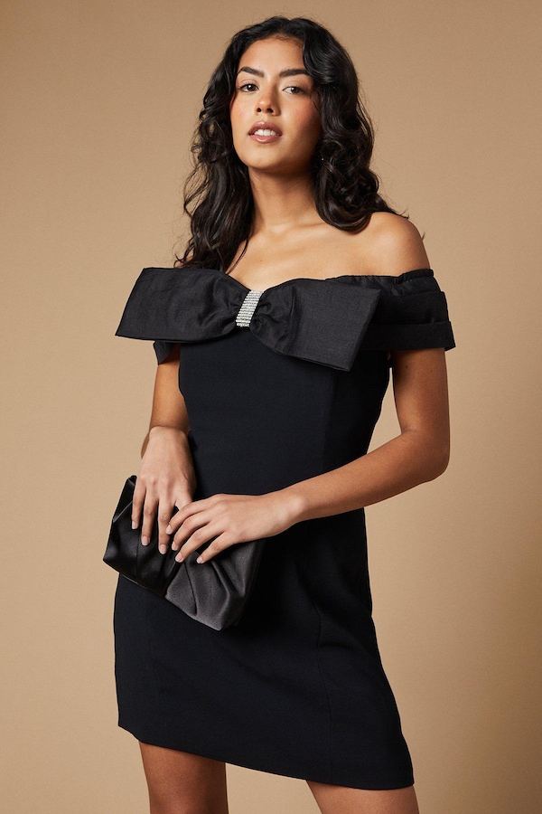 Oasis Petite Occasion Organza Bardot Bow Mini Dress Black