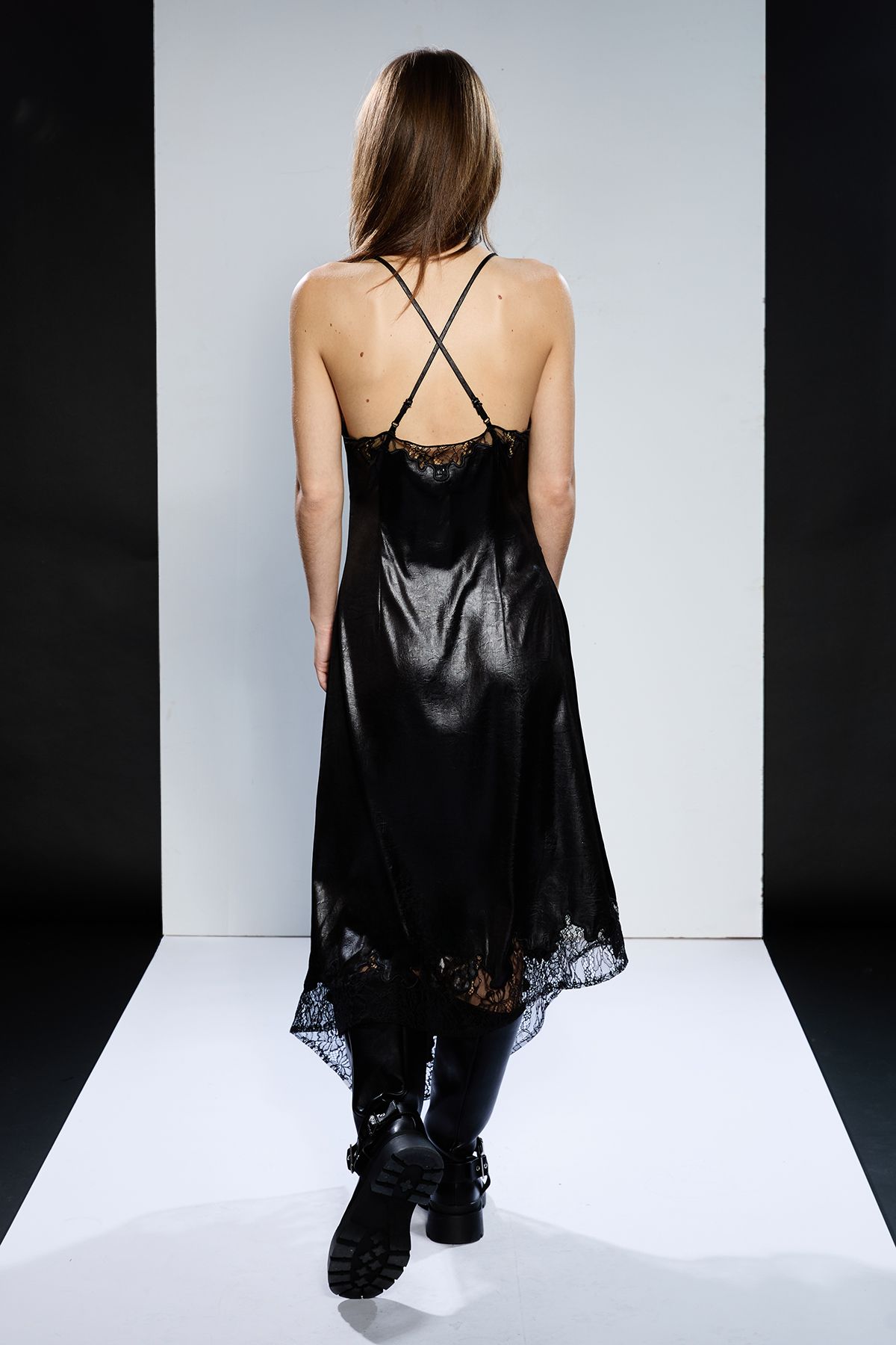 RUNWAY 1.8.1.8 Runway 1.8.1.8 Pu Satin Slip Dress With Lace Black image 3