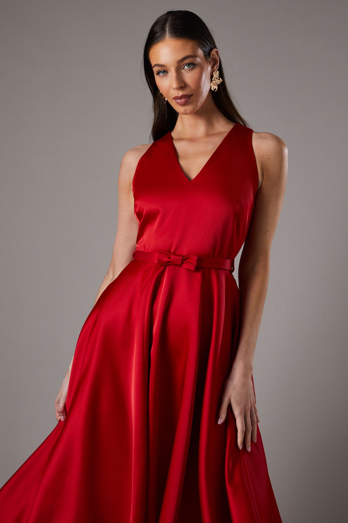 Coast Bow Trim V Neck Volume Skirt Midi Dress Red image 2