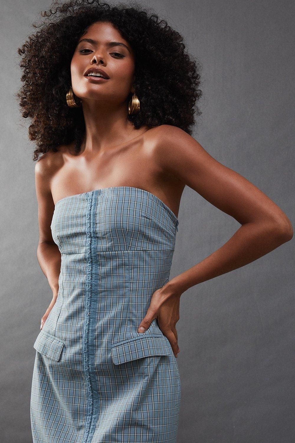 Warehouse Check Hook & Eye Fitted Bandeau Midi Dress Blue image 4