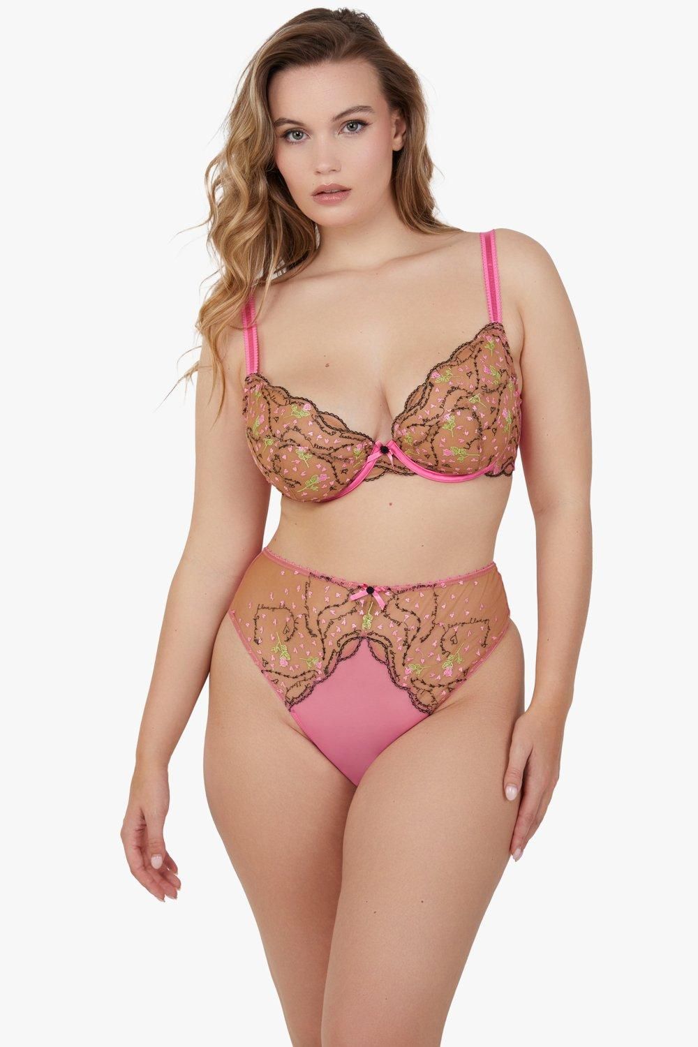 Playful Promises Spank Me Pink and Nude Custom Embroidery Plunge Bra image 2