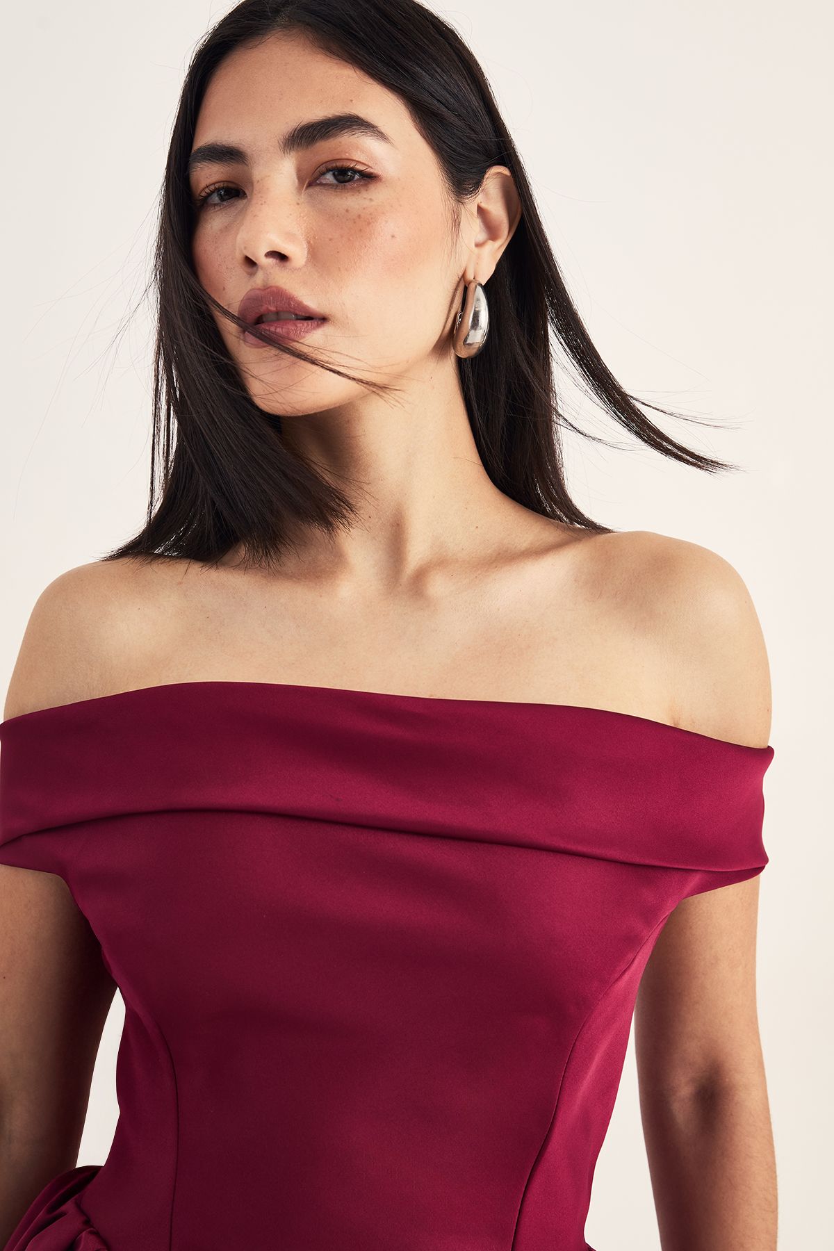 NastyGal Satin Structured Bardot Lantern Mini Dress Dark Red image 3