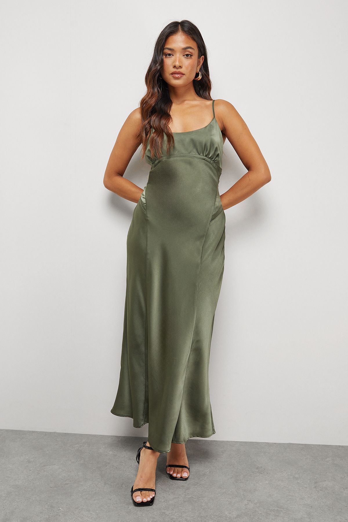 Warehouse Petite Satin Tie Bust Seam Strappy Midi Slip Dress Dark Olive image 1