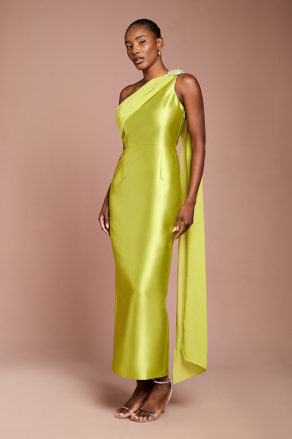 Coast One Shoulder Twill Gown With Diamante Brooch Chartreuse