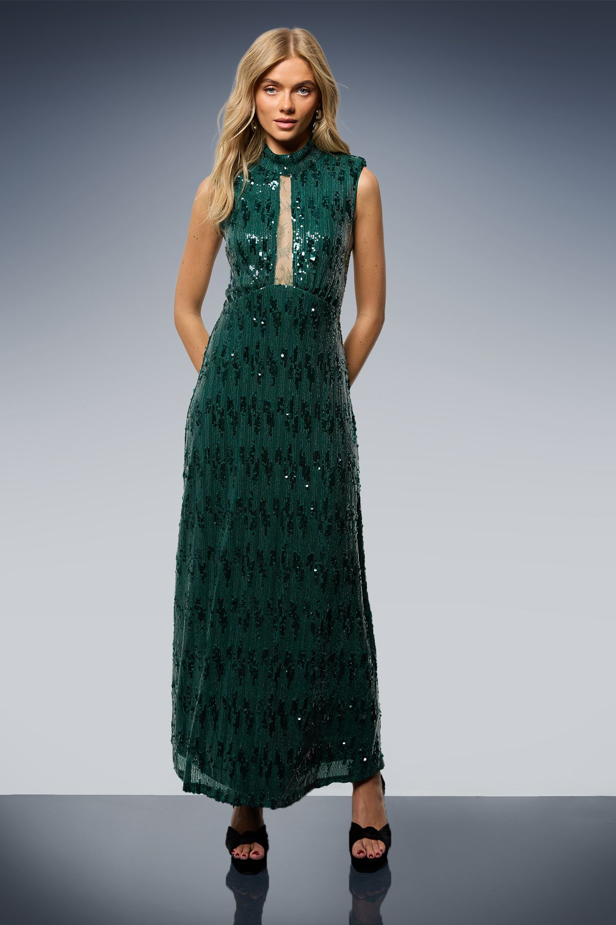 Oasis Sequin Lace Insert High Neck Shoulder Pad Midi Dress Forest image 1