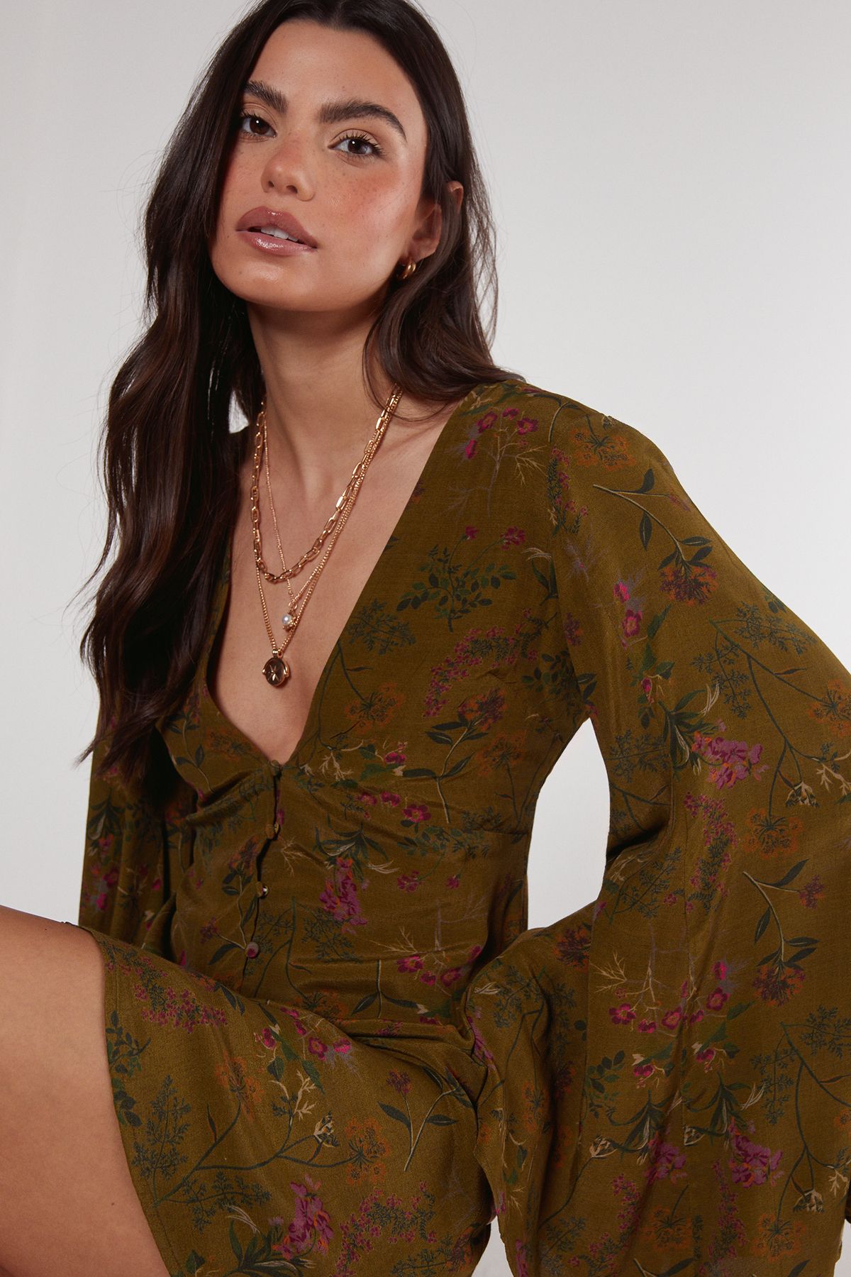 NastyGal Floral Print Extreme Sleeve Button Down Mini Dress Khaki image 3