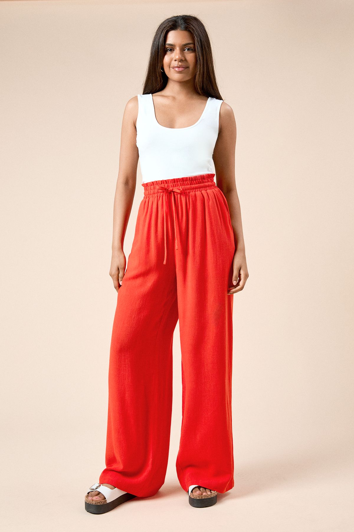 Dorothy Perkins Petite Tie Waist Woven Trousers Orange image 1