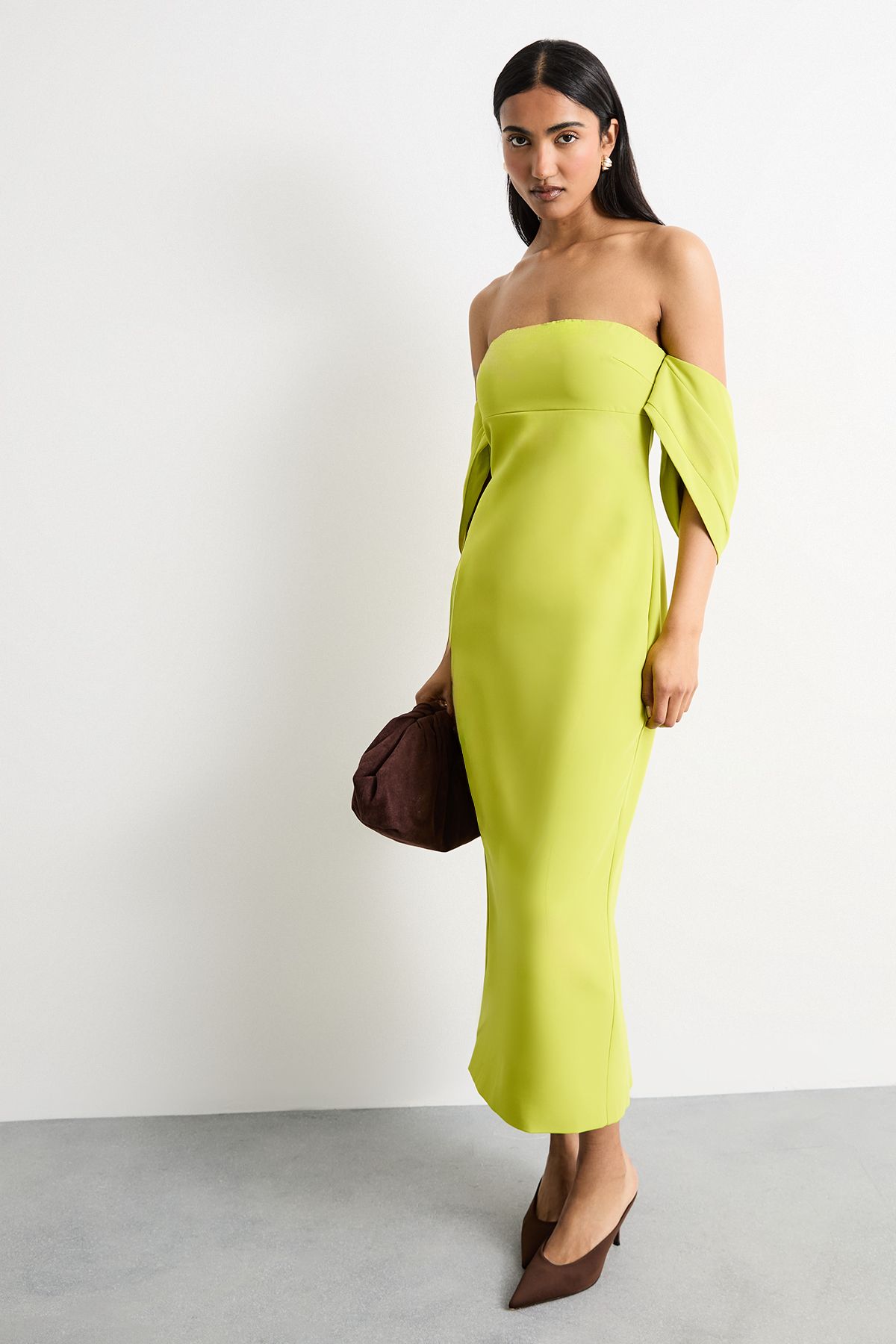 Warehouse Stretch Crepe Bardot Column Midi Dress Chartreuse image 1