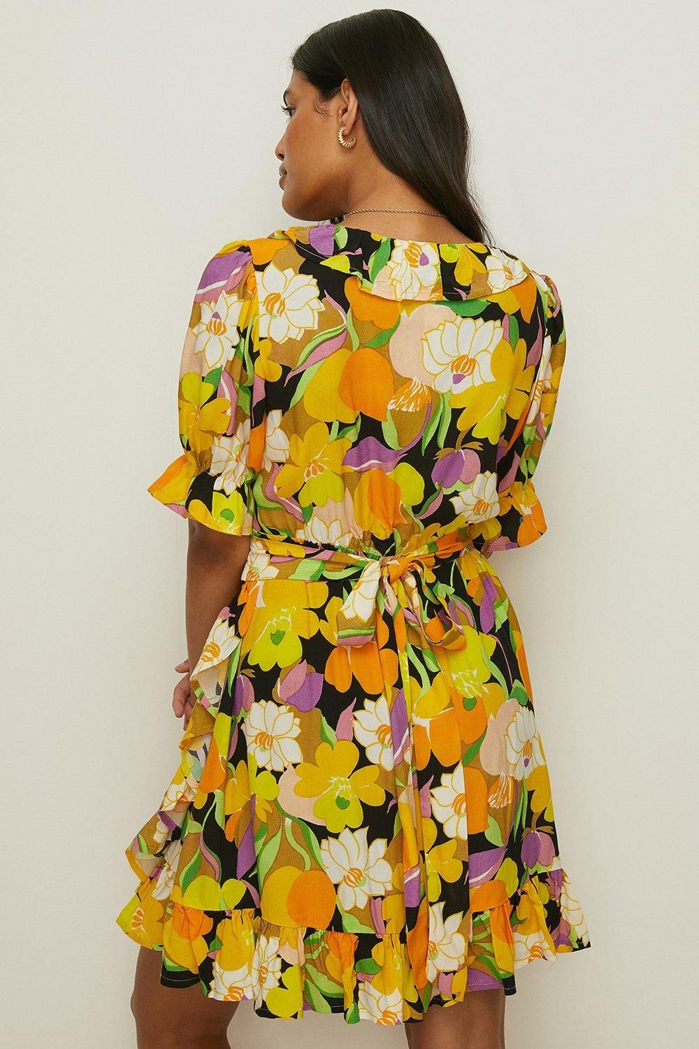 Oasis Graphic Floral Wrap Skater Dress Yellow image 3