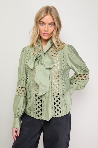 Oasis Cut Out Trim Detail Tie Neck Button Down Blouse Khaki