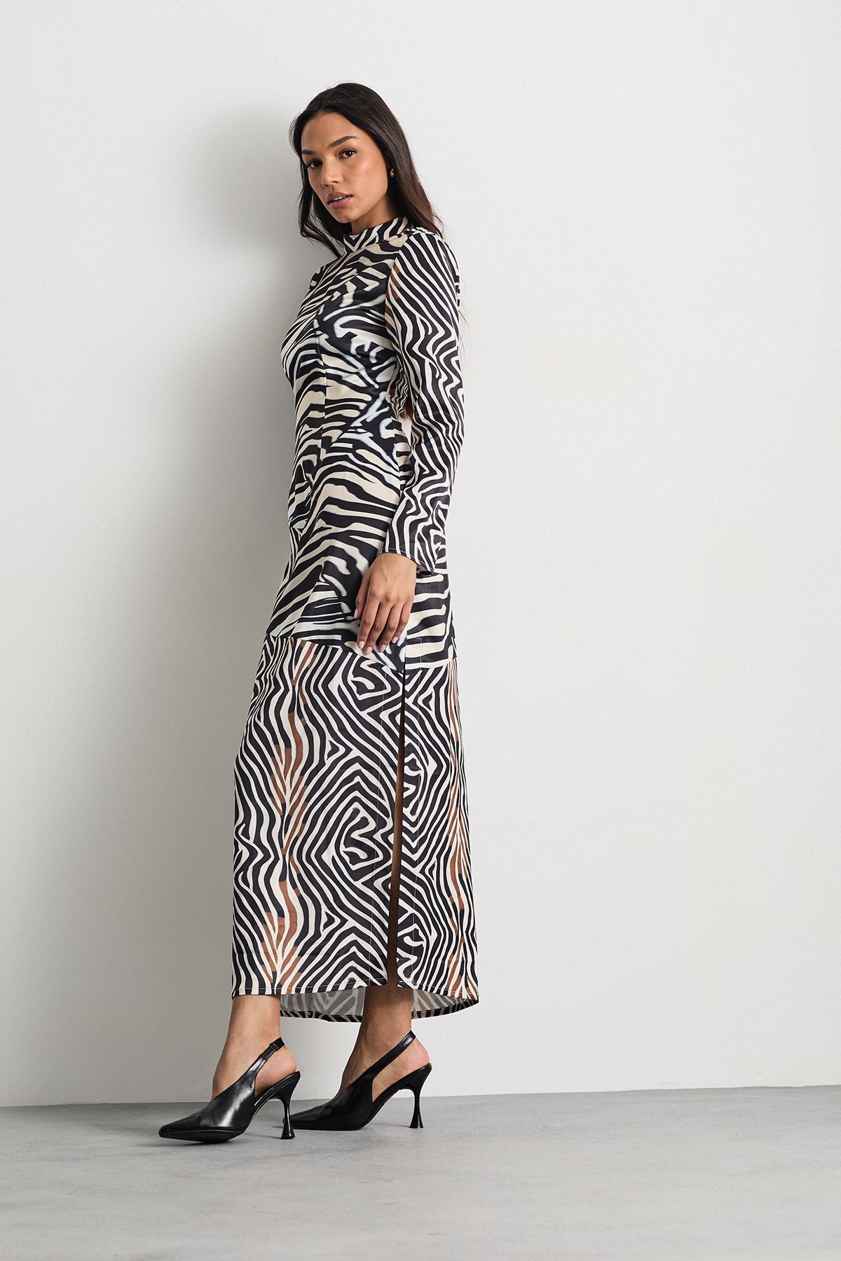 Warehouse Zebra Printed Satin Panelled Maxi Dress Animal image 1