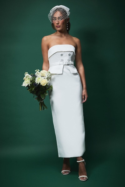 Coast Lisa Tan Bandeau Satin Button Midi Wedding Dress Ivory