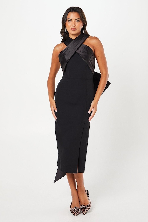 Coast Cross Over Front Bow Back Midi Dress Black