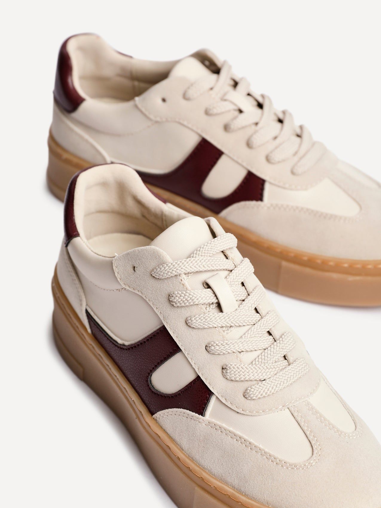 Linzi Kaia Nude And Burgundy Faux Leather Lace Up Flatform Trainers image 4