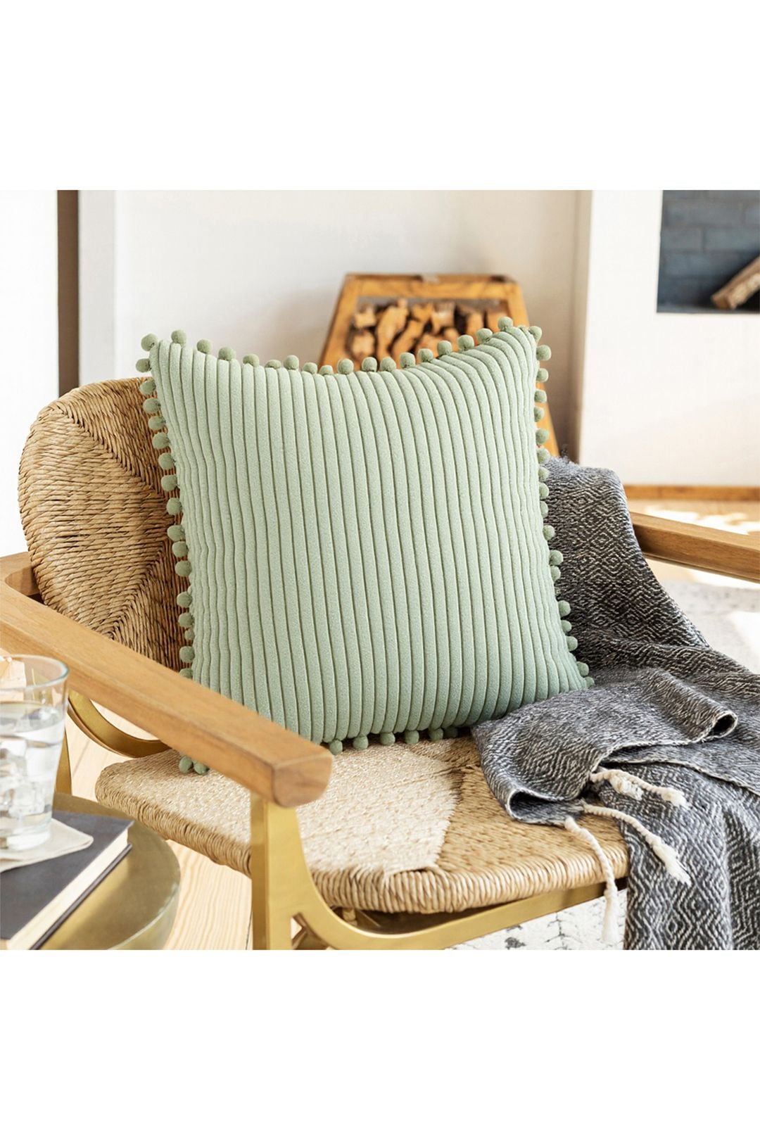 Living and Home Polyester Cushion Cover with Pom-Pom Trim image 1