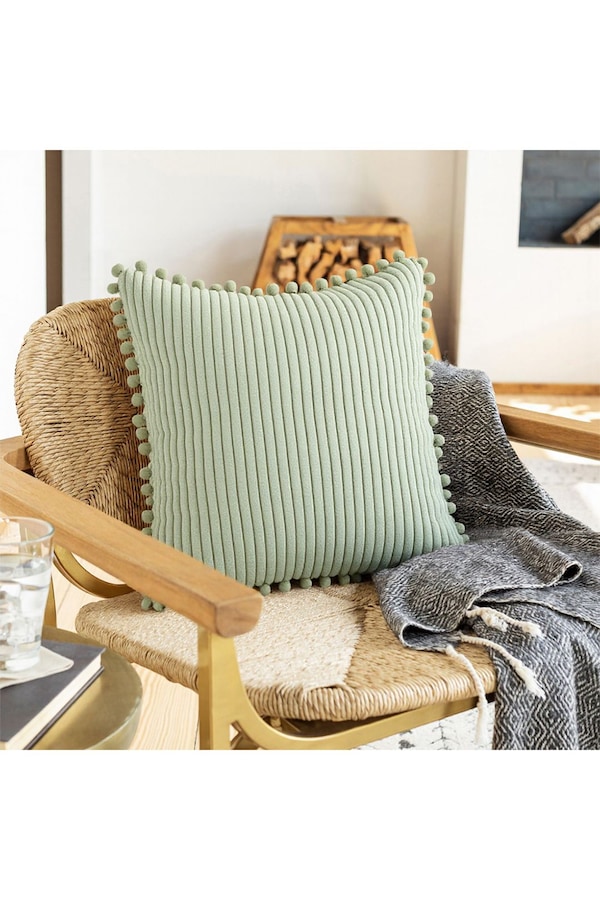 Living and Home Polyester Cushion Cover with Pom-Pom Trim