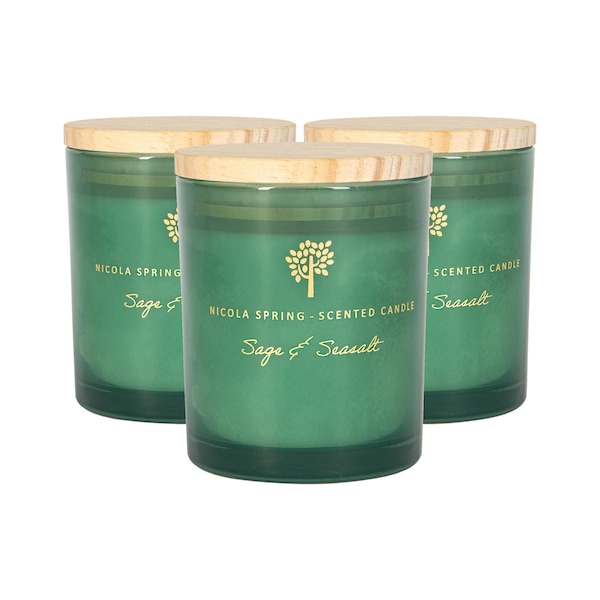 Nicola Spring 130g Sage & Seasalt Soy Candles - Pack of 3 - Herbal Spa Glass Jars