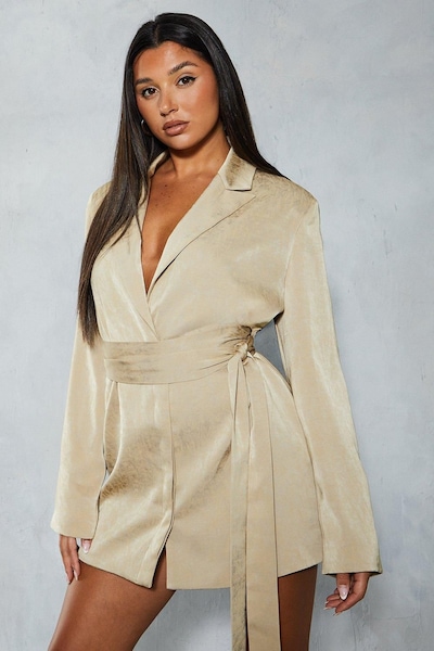 MissPap Premium Hammered Satin Belted Blazer Mini Dress Bronze