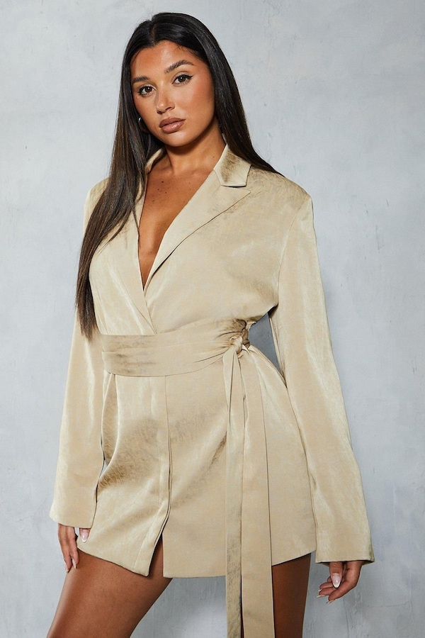 MissPap Premium Hammered Satin Belted Blazer Mini Dress Bronze