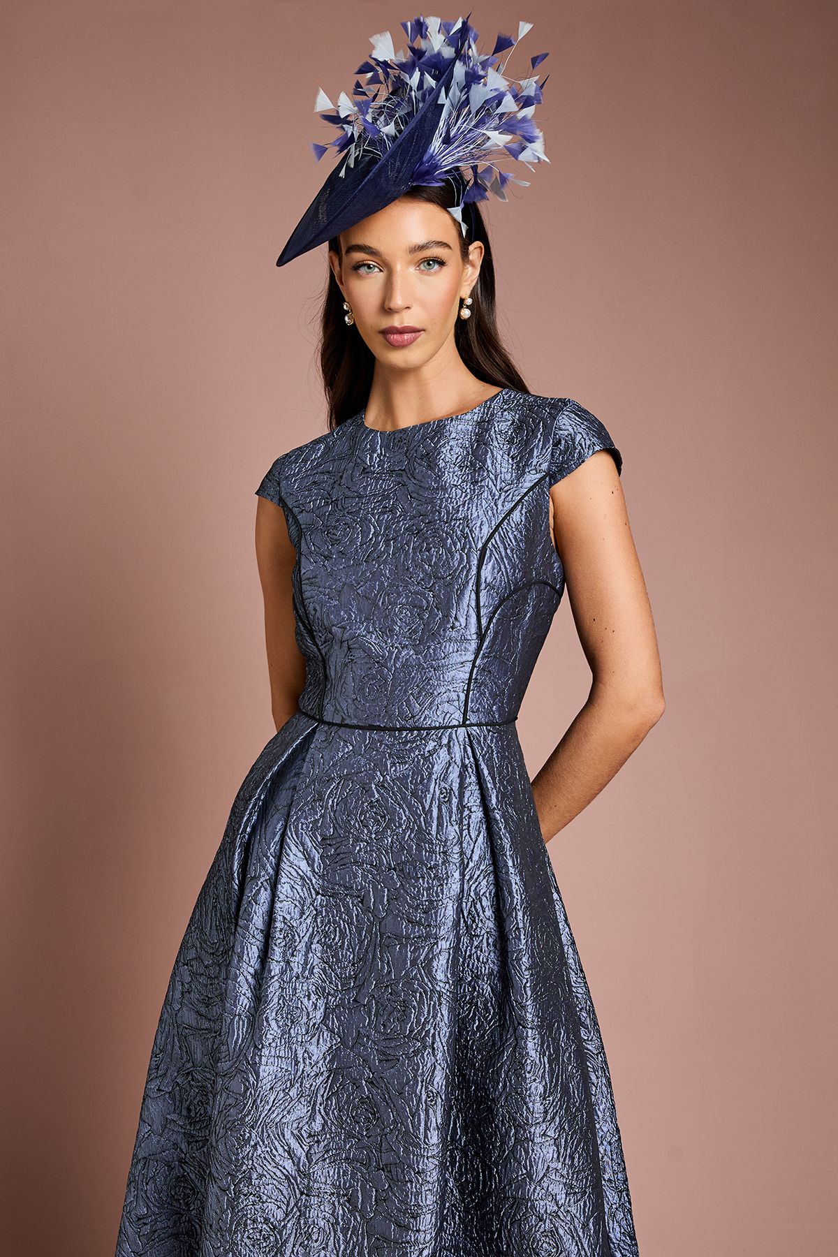 Coast Lisa Tan Cap Sleeve Jacquard Full Skirted Midi Dress Slate image 2